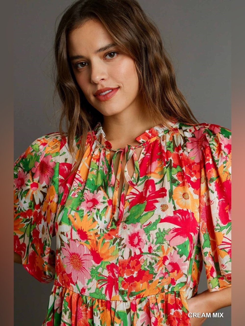 Umgee Cream Pink Floral Satin Ruffle Short Flutter Sleeve Midi Dress size Large - Picture 2 of 8